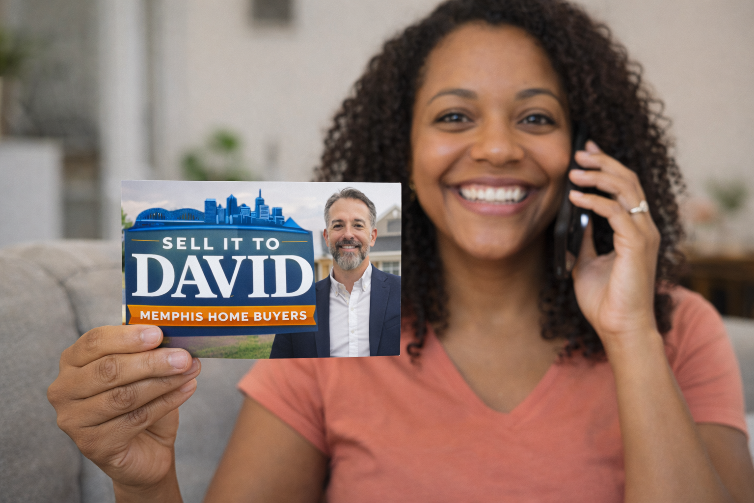 Memphis family holding a Sell it to David postcard